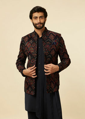 Navy Blue Fern Embroidered Indo Western image number 1